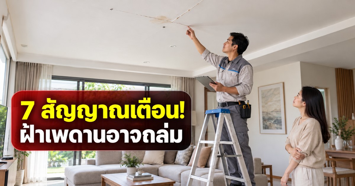 ช่างตรวจรอยร้าว คราบน้ำ และอาการแอ่นของฝ้าเพดานในบ้านจากบันไดที่มั่นคง